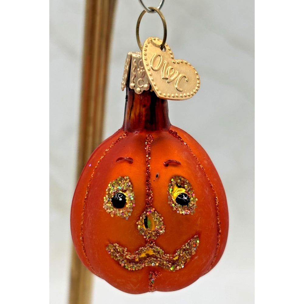 Old World Christmas Mini Jack O'Lantern Mouth Blown Glass Ornament Glitter EUC